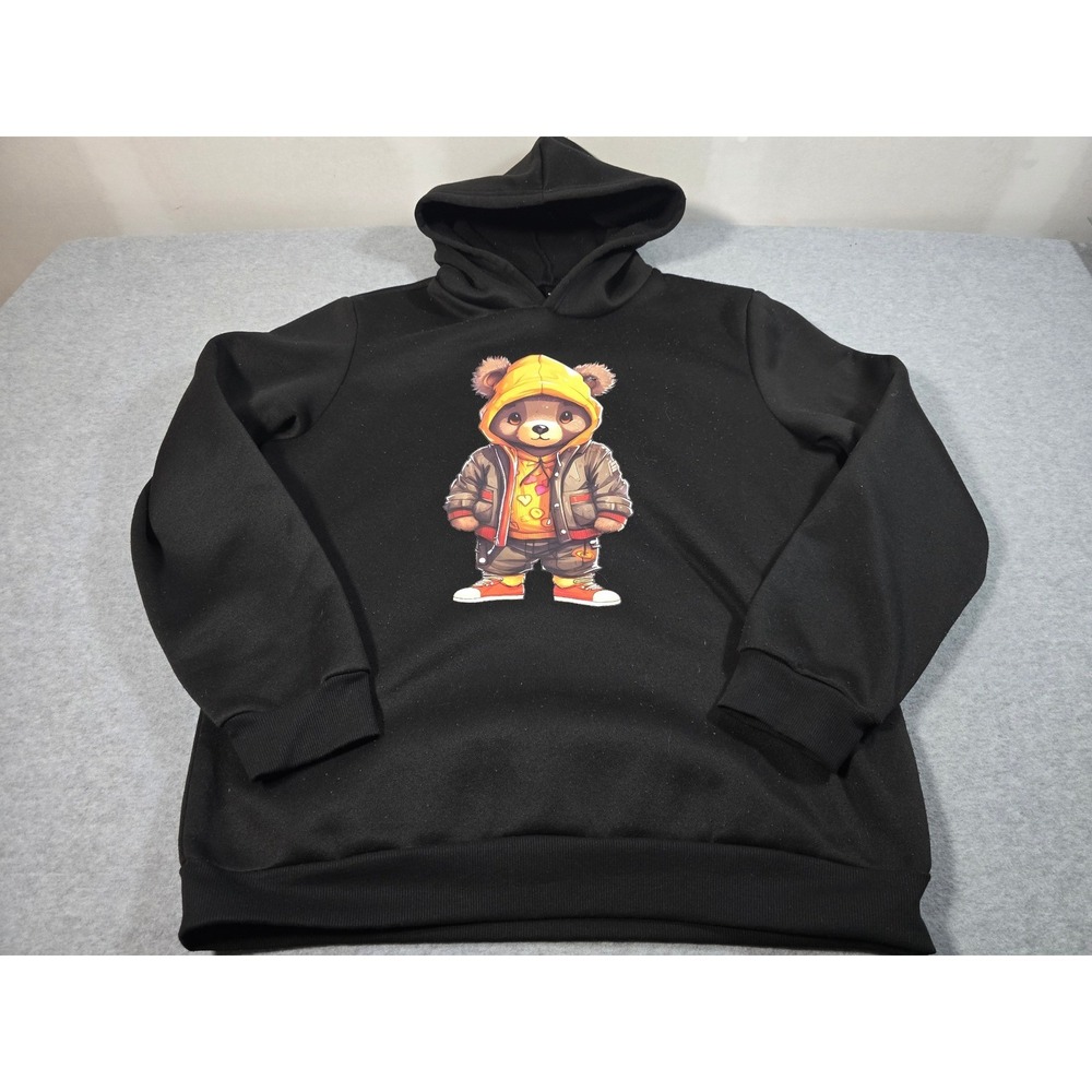 Manfinity Mens XL Black Hoodie Streetwear Teddy Bear Graphic Pullover Sweatshirt